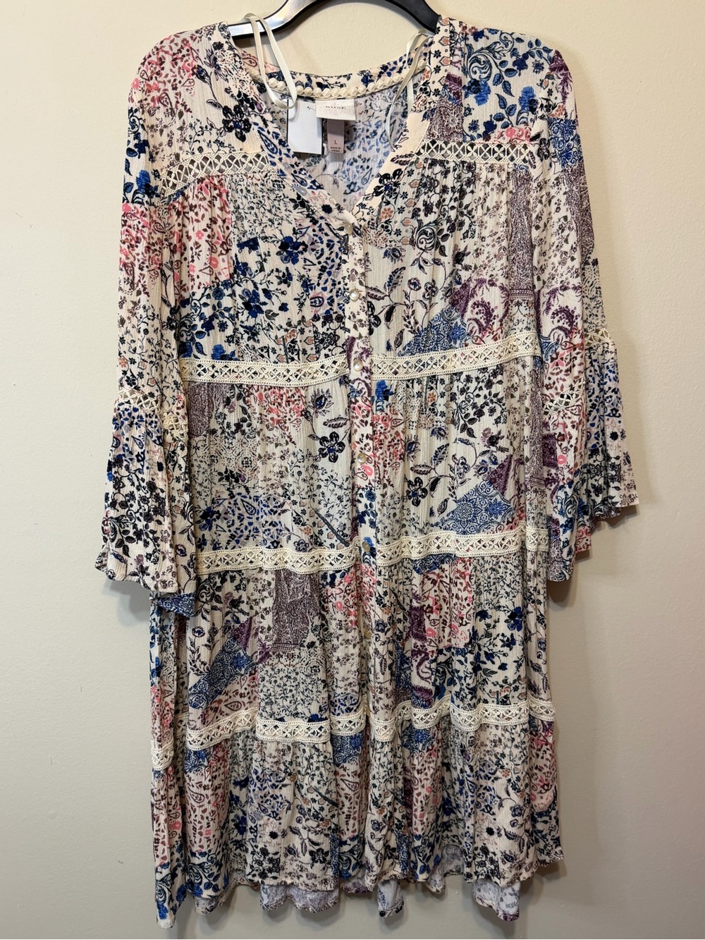Knox RoseBoho Floral Tiered Tunic Dress in Cream Blue and Pink Accents 2473